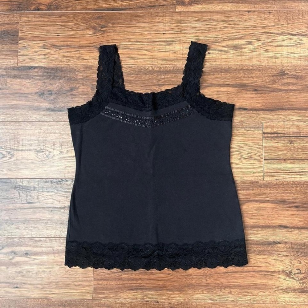 Y2K Black Lace Trim Cotton Cami Sequin Fitted Women M Coquette Whimsygoth Sequin